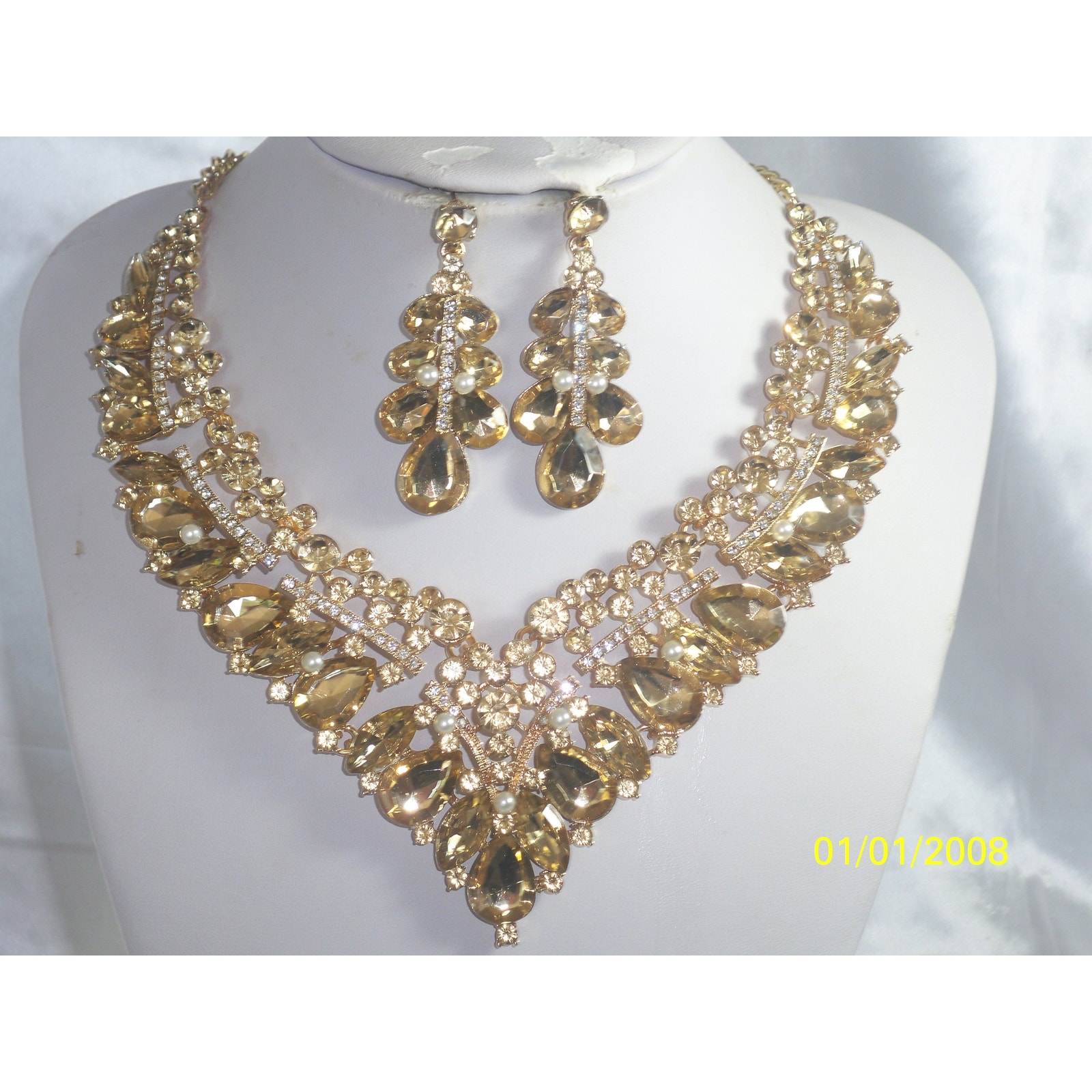 Gold Champagne Rhinestone Necklace Set, Mob Wedding Prom Party Formal Necklace